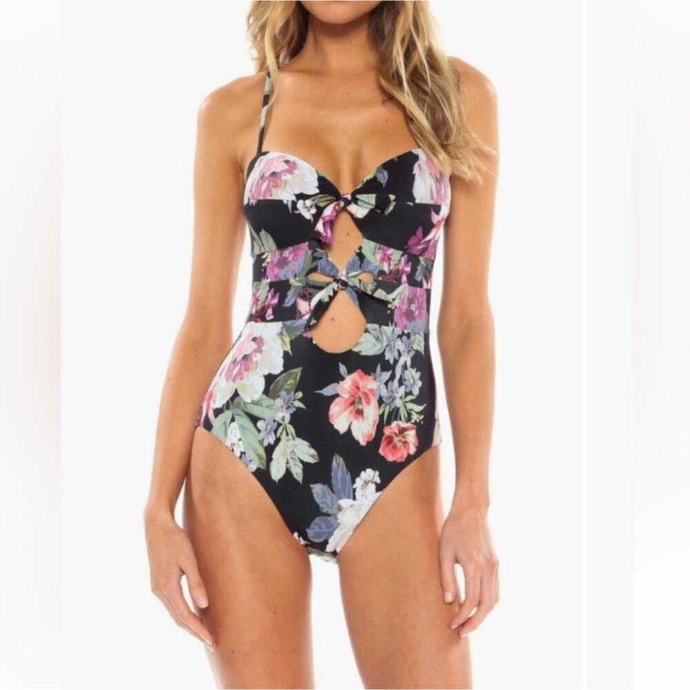 BECCA Floral Cutout One Piece Swimsuit - Black and Pink